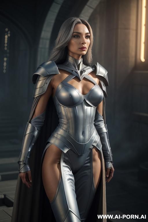 (front view), (looking at the viewer), (standing at front), (detailed face), (detailed body), (detailed hands), (detailed skin), sci-fi swordwoman, well-toned slender atletic figure, silky long flowing - #main