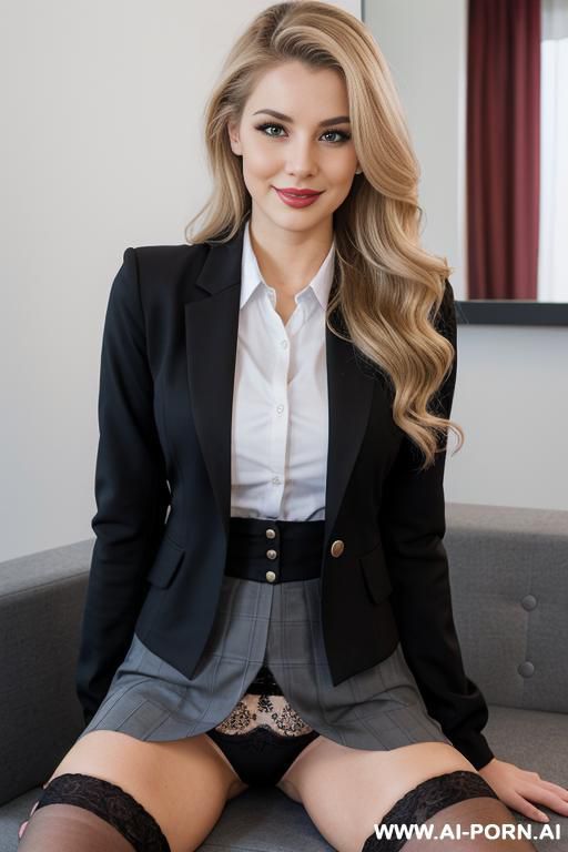 milf sexbot, front view, full body view, looking at viewer, seductive smile, pretty face, blonde hair, big lips, heavy makeup, ((keep face)), ((keep body)), late at night in penthouse suite, skyline view, - #main