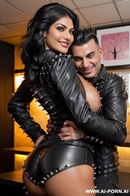 ((((persian milf hugging a twenty year old muscular punk man)))) with ((((((gigantic tits)))))) and (((long hair))), (makeup) , (((tight spiked black leather jacket))) (((tight spiked black leather - #main