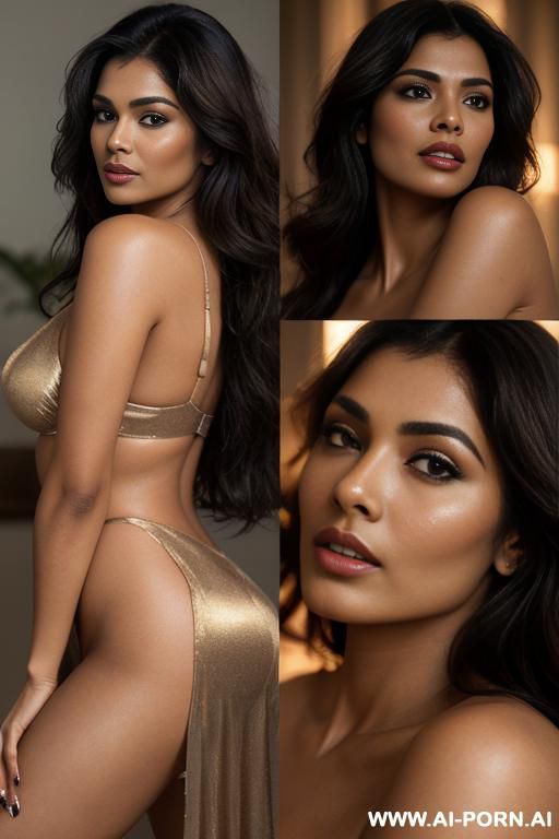 m toned cinematic portrait collage of zeenath aman with soft glowing skin, and glossy nude lips. she has long dark brown hair styled in loose waves with face-framing strands. she is dressed - #main