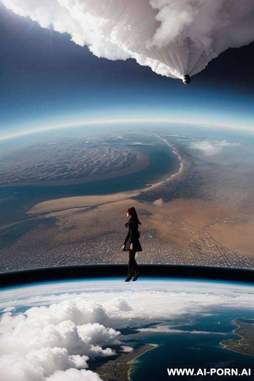 giantess woman is walking through clouds while city is at her feet while camera is in space looking down at the giantess woman walking on the surface of the earth. - #main