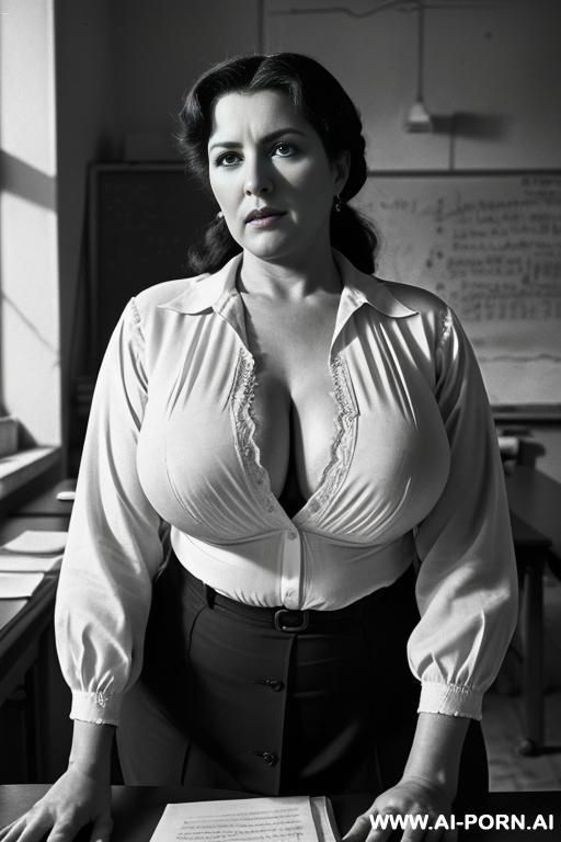 retro monochrome photograph, soviet village adult-scho_ol education class, stalin-era atmosphere, middle-aged full-figured soviet teacher with generous soft curves and plump mature build, enormously gigantic - #main