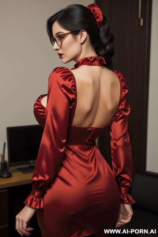 tight dress, office, seductive, glasses, massive boobs, , hair in gy style, long sleeves, - #main