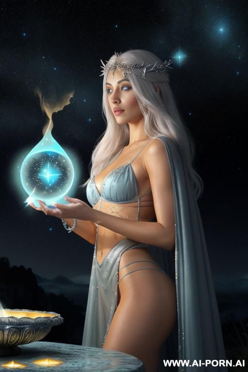 (front view), (ultra realistic body), (ultra realistic face), (ultra realistic skin), (detailed hands), well-toned atletic figure, silky long flowing hair, white hair, gray-blue makeup, silver eyes, - #main