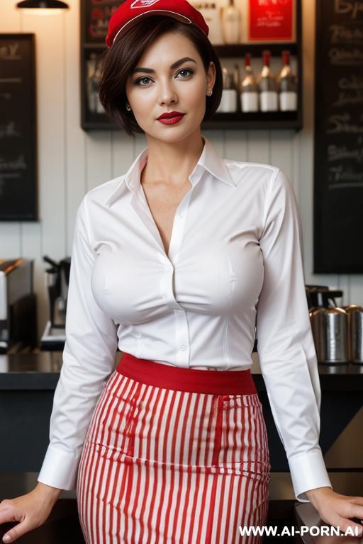 ((white office shirt with red stripes)), black pencil skirt, red cap, fit woman with short hair and big juicy boobs, barista - #main