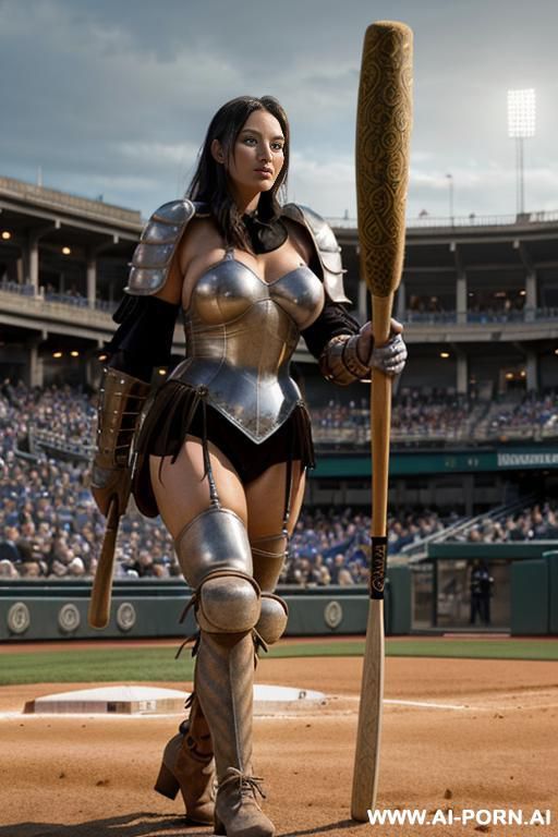 at nigth , horizont looking , walking sexy pose , mud-stained body , thong , topless huge tits , wet brunette hair with groun level shot view fish eye lens shot , ((((baseball stick)))) , - #main
