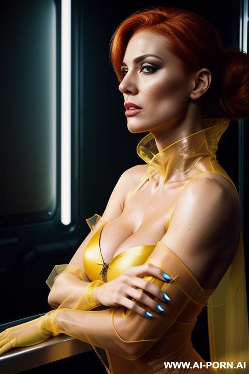 an atompunk sci-fi mature woman with yellow transparent sheer hood with yellow transparent sheer hood, in a voluminous, elaborate satin yellow abd light-blue gown with voluminous ruffles and a - #main