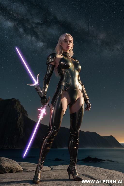 (front view), (looking at the viewer), (detailed face), (detailed body), (detailed hands), (detailed skin), sci-fi swordwoman, well-toned slender atletic figure, silky long flowing hair, mystical makeup, - #main