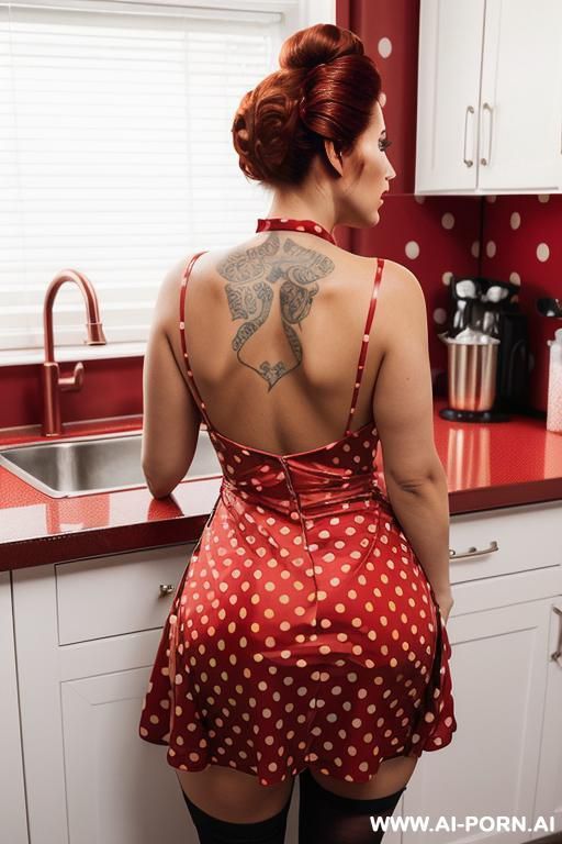 gorgeous hot copper hsired women wearing (((red polka dot dress))) in kitchen, curvy ass, fucked, pov, cartoon style - #main