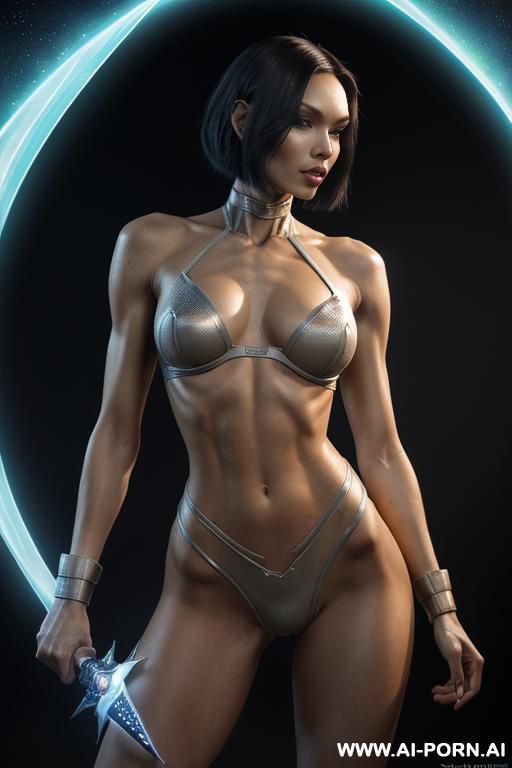 (front view), (looking at the viewer), (detailed face), (detailed body), (detailed hands), (detailed skin), sci-fi swordwoman, well-toned slender atletic figure, silky long flowing hair, mystical makeup, - #main