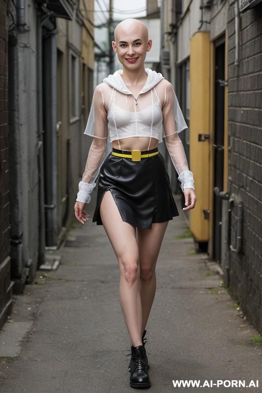 hyperrealism painting: an atompunk sci-fi bald slender skiny amy winehouse, tits out, with yellow transparent sheer hood, wearable electronic sensors and wearable sci-fi systems. she weared sci-fi - #main