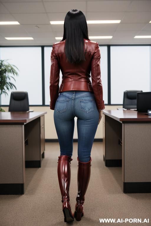 asian, tight blue jeans, red leather blazer, brown riding flats long boots - #main