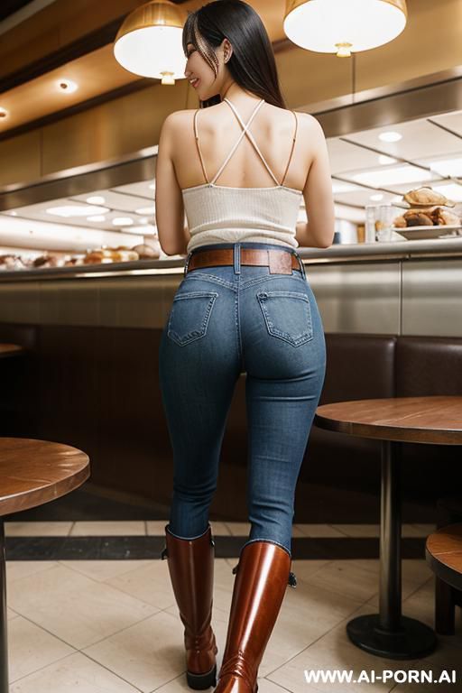 asian, tight blue jeans, belt, light-brown riding flats long boots - #main