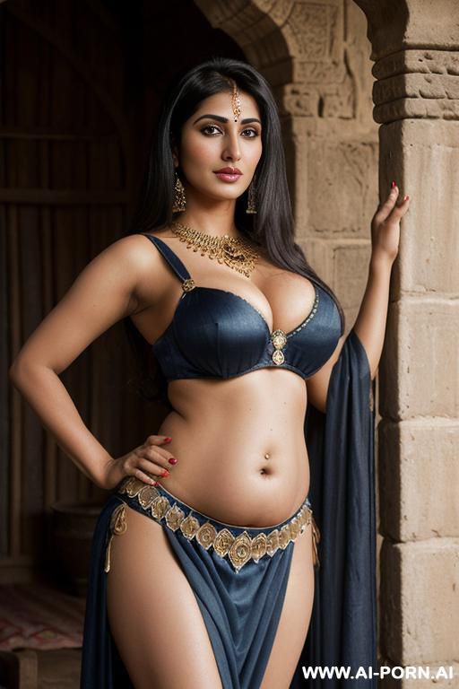(medieval indian farm wife), ((dark blue strap clothes, belly dancer)), ((busty natural)) ((soft face)) ((persian dark skin)) - #main