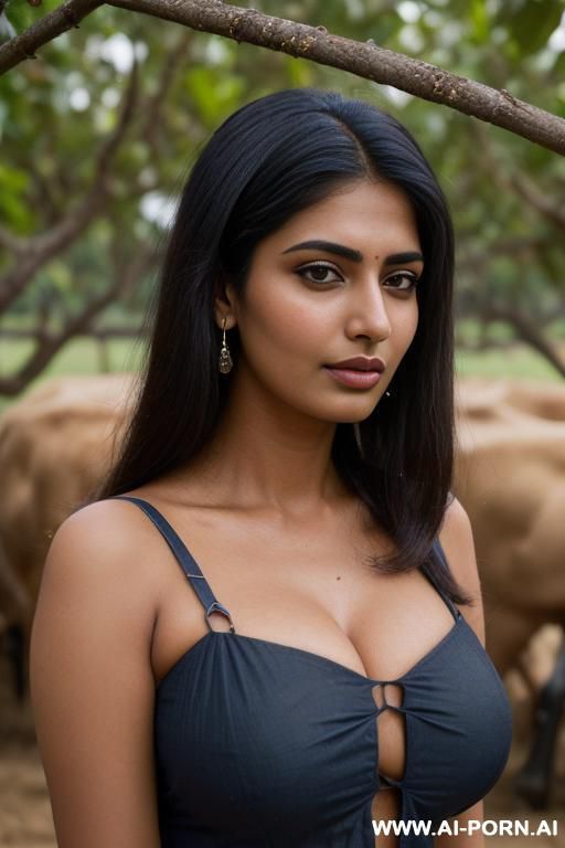 (medieval indian farm), ((dark blue strap clothes, farm woman)), ((busty natural)) ((soft face)) ((persian dark skin)) high cheeck bones, round chin, plump cheek - #main