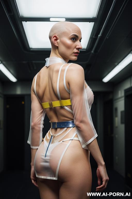 hyperrealism painting: many female bodies fighting, full-length of slender bald japanese women, age twenty, ((a cup teardrop boobs)), on the streets, bald heads, they wear transparent plastic long - #main