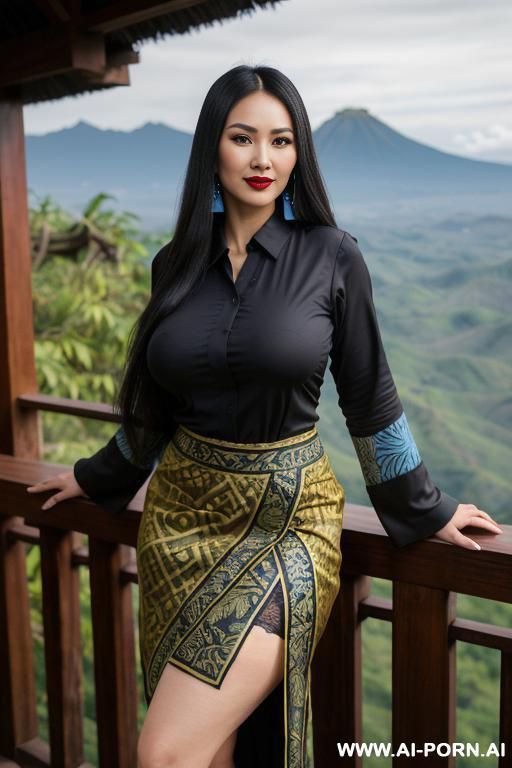 ((olive skin indonesian, sunda ethnicity)) ((traditional long sleeves black shirt, long skirt with blue batik pattern, sunda outfit)) ((huge massive perky boobs)) ((looking at viewer)) ((mountain - #main