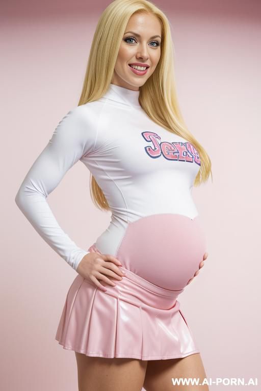 ((keep face)), perfect woman, pretty face, pregnant, lactating white skin, blond hair, and pregnant model with shiny black and latex catsuit revealing tits and naked huge pregnancy belly, last - #main