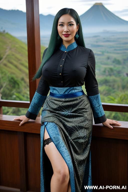 ((olive skin indonesian, sunda ethnicity)) ((traditional long sleeves black shirt, long skirt with blue batik pattern, sunda outfit)) ((huge massive perky boobs)) ((looking at viewer)) ((mountain - #main