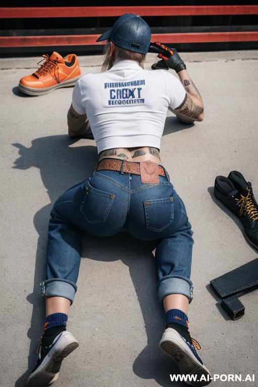 straight blue jeans, leather belt, safety work sneakers, socks, tattoos - #main