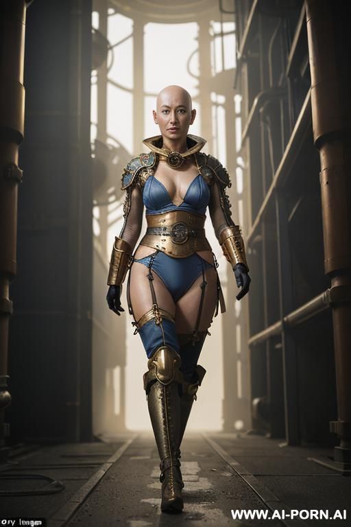 (japanese sci-fi slender old bald woman), ((aa cup boobs)), in the blue and yellow sci-fi outfit, on the sci-fi spaceship, diver suit and fashion white coat, wearing golden sci-fi helmet and golden armor, she is walking on the road. - #main
