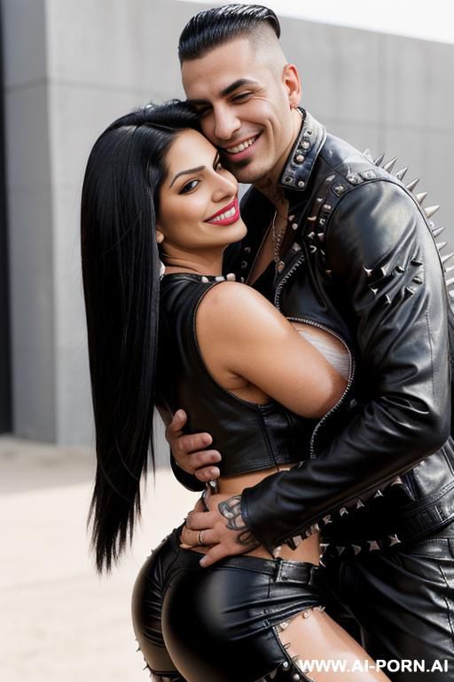 ((((persian rap milf hugging a twenty year old muscular punk man)))) with (((((((gigantic tits))))))) and (((long hair))), (makeup) , (((tight spiked studded black leather jacket))) (((tight spiked - #main