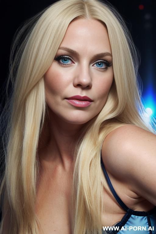 blonde female scandinavian singer, long straight hair, blue eyes, insive light blue eyeshw, ((chubby arms)), strong arms, natural boobs, oval face, (((high cheeks))), hairy pussy, makeup with blue eyeshw and rouge on the cheeks, singing on stage - #main