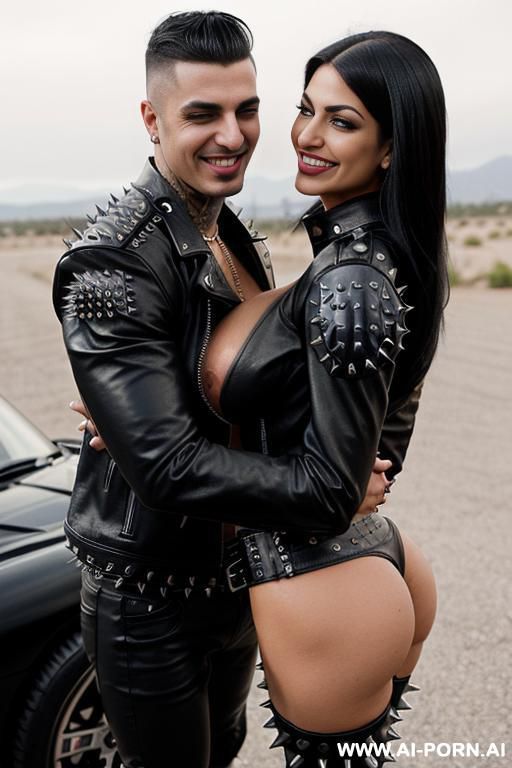 ((((persian rap milf hugging a twenty year old muscular punk man)))) with (((((((gigantic tits))))))) and (((long hair))), (makeup) , (((tight spiked studded black leather jacket))) (((tight spiked - #main