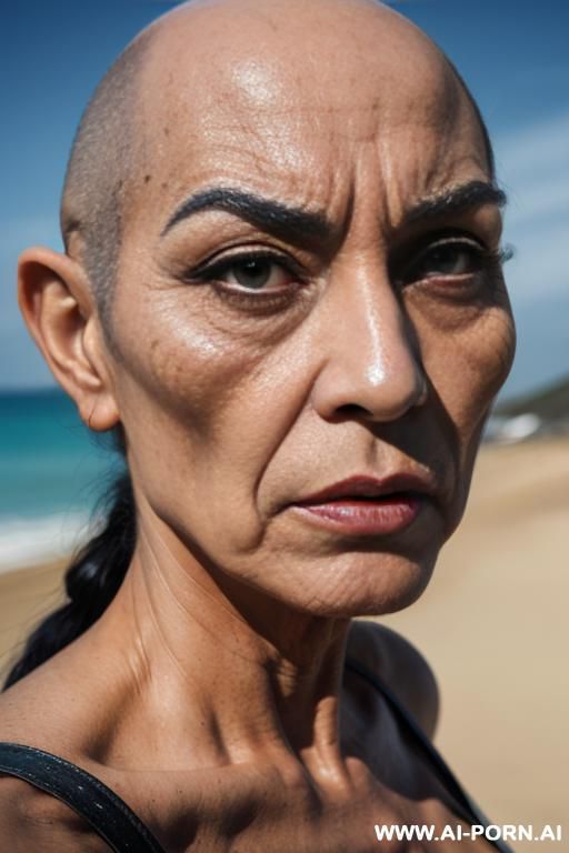 hyperrealism painting: an atompunk sci-fi bald slender japanese woman with high cheekbones and tight lips and pointed chin and big eyes and bald expansive forehead, wearable electronic sensors and wearable sci-fi systems, art. - #main