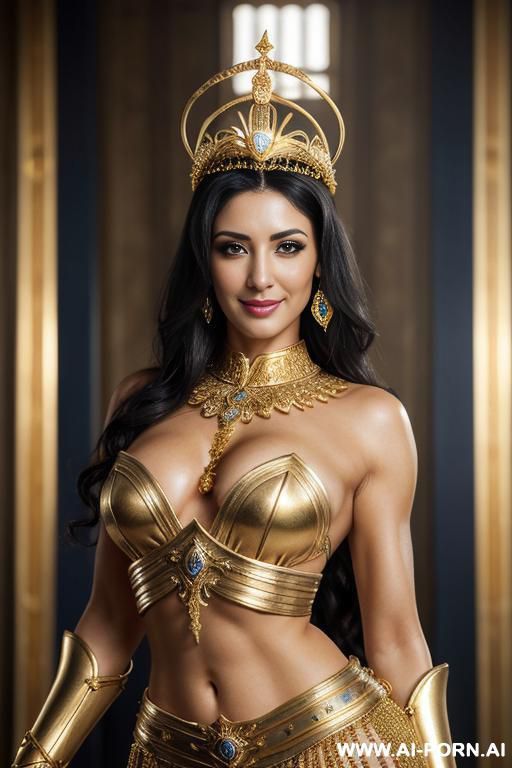 goddess athena (front view) strong body, wide hips, muscular thighs, realistic hairy pussy, firm boobs (perfect model face) make up (beautiful sexy face) super realitic (keep face) alluring smile - #main