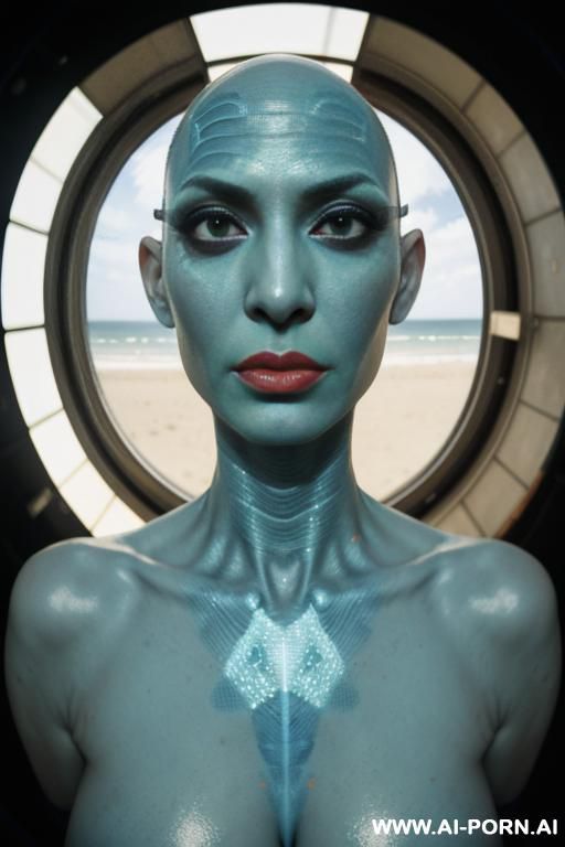 ((((view fish eye lens)))) up level shot nose in closedup hyperrealism painting: an atompunk sci-fi bald slender japanese woman with high cheekbones and tight lips and pointed chin and big eyes - #main