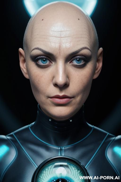 ((((view fish eye lens)))) up level shot forehead in closedup hyperrealism painting: an atompunk sci-fi bald slender japanese woman with high cheekbones and tight lips and pointed chin and big - #main