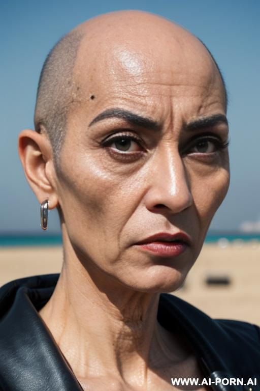 hyperrealism painting: an atompunk sci-fi bald slender japanese woman with high cheekbones and tight lips and pointed chin and big eyes and bald expansive forehead, wearable electronic sensors and wearable sci-fi systems, art. camera above - #main