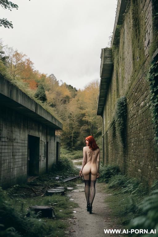 female brunette ginger red punk hooker nude naked in concrete rubble overgrown ruins industrial construction park walk pathway above river rough mossy stone wall hills realistic forest trees intricate details - #main