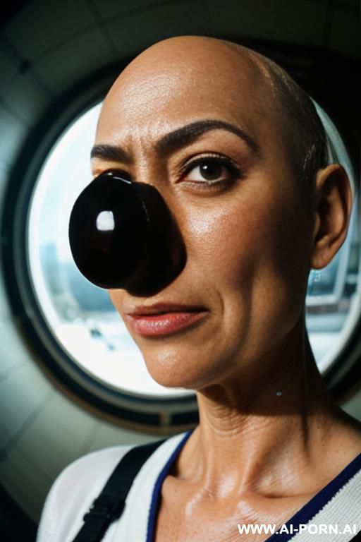 ((((view fish eye lens)))) up level shot forehead in closedup backview hyperrealism painting: an atompunk sci-fi bald slender japanese woman with high cheekbones and triangle face and tight lips - #main