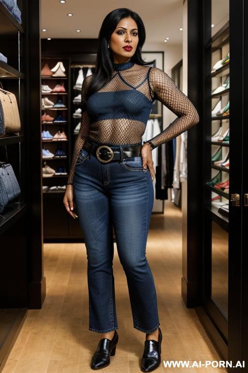 bangladeshi milf, fishnet top, big dark nipples, straight blue jeans, leather belt, oxford shoes - #main