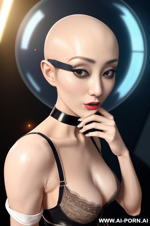 ((((view fish eye lens)))) up level shot forehead in closedup hyperrealism painting: full-length of slender bald japanese woman, age twenty, ((a cup teardrop boobs)), on the desert field, bald - #main