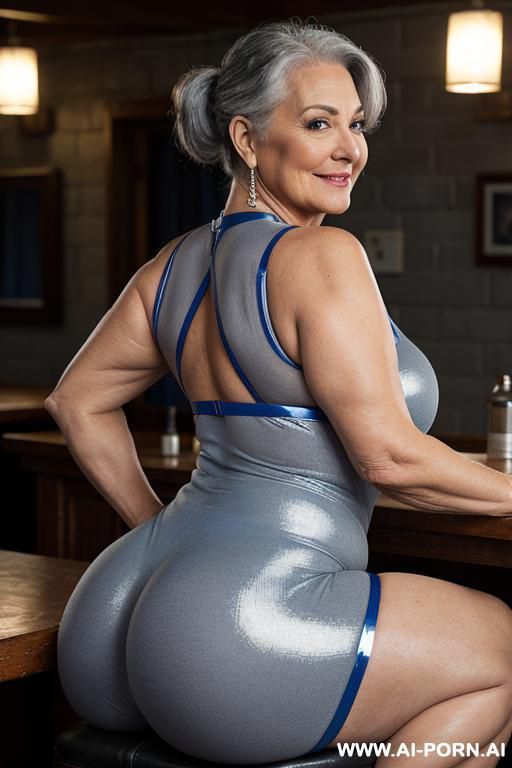 shiny sparkling blue spandex crew neck sleeveless bodysuit , hot mature bbw old ladies with sexy feathered gray silky hair, finely detail, looking at the camera highly detailed face, highly - #main
