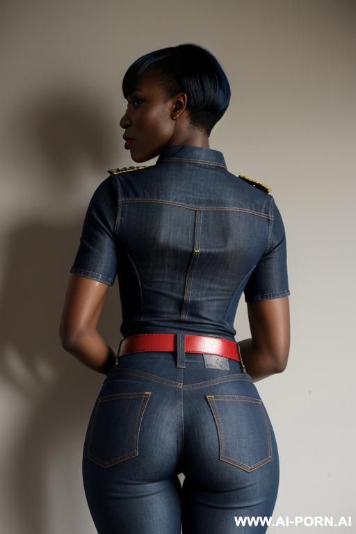 ebony, vintage flared blue jeans, tight ass, red belt, oxford shoes, - #main