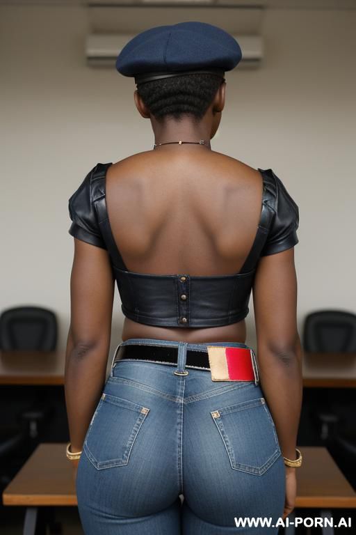 ebony, vintage flared blue jeans, tight ass, red belt, oxford shoes, leather military cap - #main