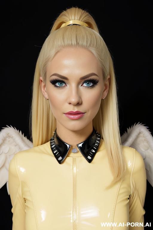 ultra realistic face, american cheerleader model, prom queen, long face, almond eyes, narrow nose, narrow mouth and sexy full mature lips, big tooth, smiling, high long ponytail, light sexy - #main