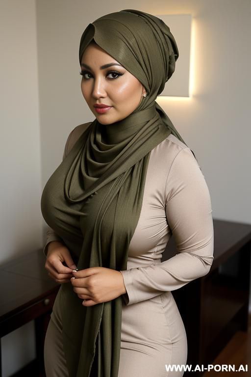 milf, voluptuous body figure, indonesian, sunda ethnicity, light olive skin, pashmina style jilbab, wearing stylish pashmina jilbab, wearing housedress. fully clothed, no cleavage, covered. modesty. natural massive saggy breast. - #main