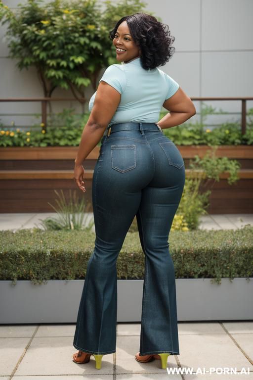 ebony mature woman, light-green micro top, light-blue bootcut jeans, monk shoes, ((spread legs)), twerk pose - #main