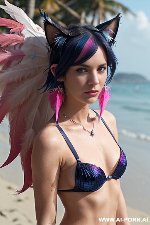 face, sexy, beautiful, ((bikini as seashell)), ((roses)), ((eyes shw)), ((angel wings)), ((slick navy blue hot pink hair)), ((glitter)), ((long bu hair)), ((heterochromia eyes)), ((wind)), (( cat face)), - #main