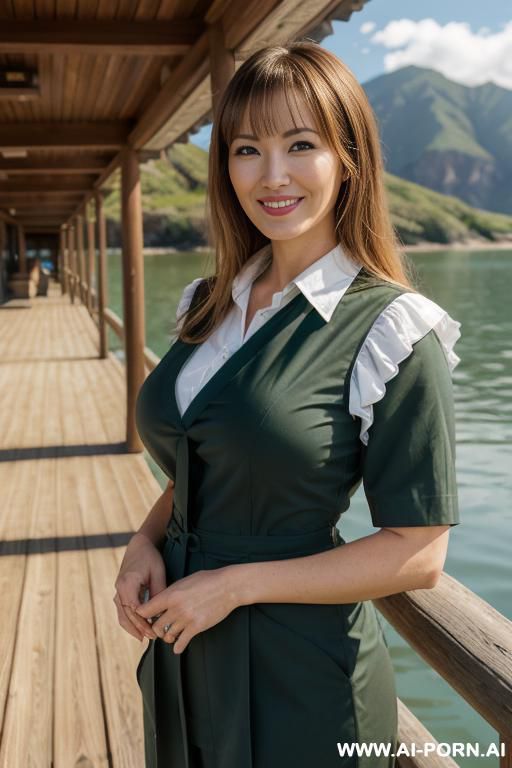 stunningly beautiful japanese milf, gigantic saggy tits, beautiful make up, ((keep face)), ((keep body)), sunny summer day, outside large lake house on the lake, wearing white shirt, - #main