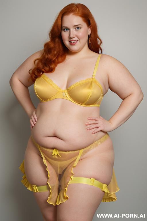half body photo shot close up. a ((british obese fat bbw redhead)), ((thick with love handless)). ((wearing a yellow sexy and hot garter belt lingerie, and a darkcolorfull ruffle silk micro-skirt)). she is smiling - #main