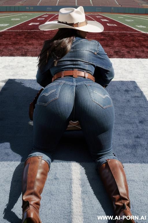 angry guatemala milf, huge ass, straight blue jeans, leather belt, short colored poncho, straight blue jeans, brown riding long boots, hat, riding crop, (((football stadium inside backround))), spread legs, view from the ground - #main