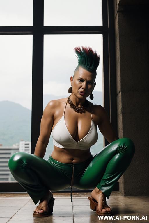 native panama woman , angry, light-green leather pants, monk shoes, spread legs, view from the ground - #main