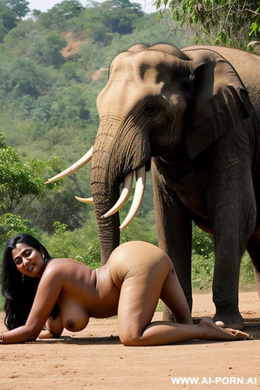 indian elephant is picking up a full naked chubby indian woman with shaved vagina from the ground in nature - #main
