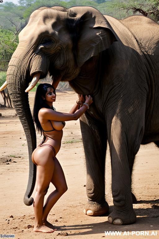 indian elephant is taking up with his trunk a full naked indian female with shaved agina - #main